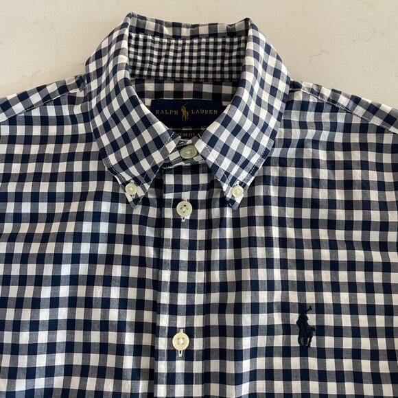 Ralph Lauren Blue Label Slim Fit LS Button Down Cotton Check Shirt Navy Wht Sz 2 - Picture 4 of 14